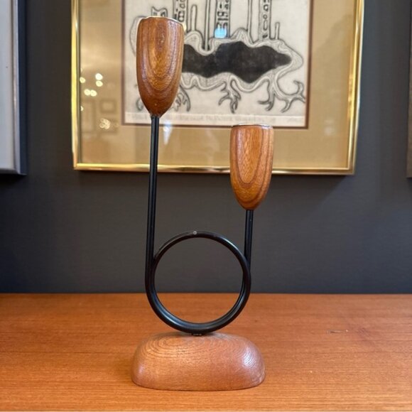 Giftcraft Vintage Teak and Iron Candle Holders 9H - Picture 10 of 10